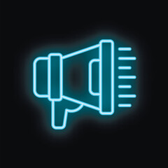 Blue neon megaphone is shining brightly against a dark background