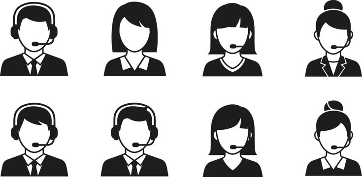 Customer support agent avatars, call center operators, male female headset icons, helpdesk service communication, isolated white background vector illustration set