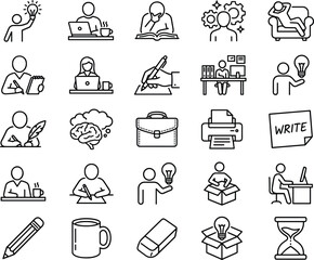 Writing creativity icons set student studying brainstorming office work inspiration idea flat vector illustration education productivity collection © Itz Julfikar Here