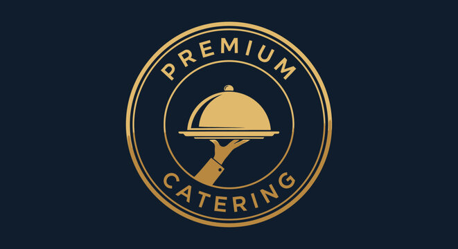 Premium Catering Service Logo with Golden Cloche on Dark Blue Background