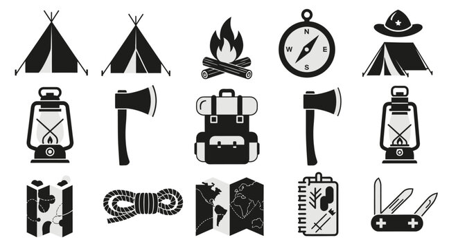 Comprehensive Black and White Silhouette Icons Set for Camping and Outdoor Survival on Isolated White Background