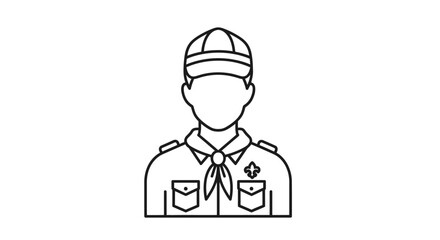 Fototapeta premium Outline Icon of a Young Scout Person in Uniform with Hat and Scarf, Isolated White Background