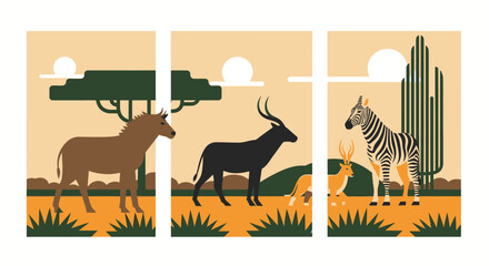 Fototapeta premium Panoramic view of diverse African savanna wildlife including majestic oryx, graceful gazelle, and striped zebra in a stylized desert landscape with trees and plants.