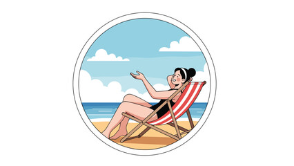 Obraz premium Young woman in a black swimsuit relaxing on a red striped lounge chair at the beach, seen through a circular white window frame.