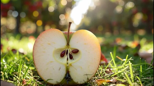 Close-up of a sliced apple on the grass in an orchard.