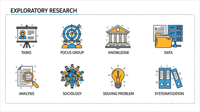 Exploratory Research Concept Vector &ndash; Minimal Flat Line Icons for Analysis and Innovation.