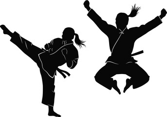 Black silhouette set of female martial artist practicing karate high kick and jumping strike isolated on white background for combat sports illustration. © All in one