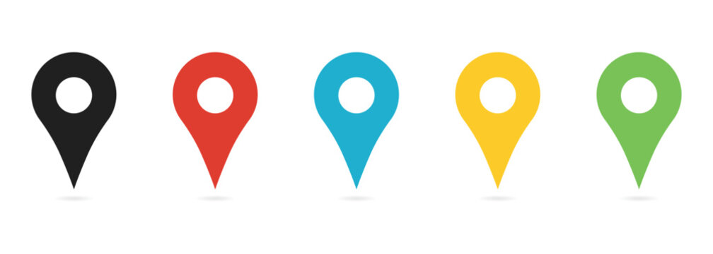 Location pin icon set. Vector colorful map markers for gps navigation. Red, blue, yellow and green pointers