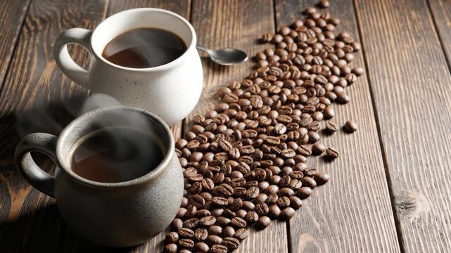 Two mugs of coffee with coffee beans on a wooden table.