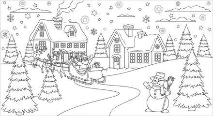 Santa Claus riding sleigh with reindeer in winter village black and white coloring page vector illustration © MdRissalat