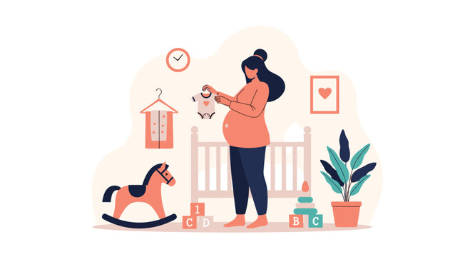 Pregnant woman standing in a nursery room holding baby clothes near a crib surrounded by toys and a rocking horse.
