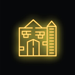 Obraz premium Yellow neon icon of a medieval castle, glowing on a black background