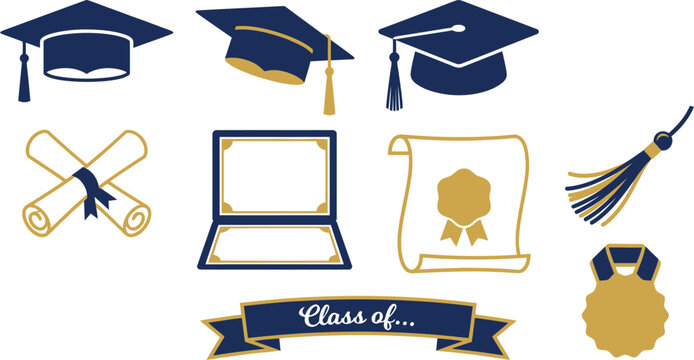 Graduation flat vector icons with 10 navy blue gold mortarboard cap tassel front tilted view diploma scroll crossed ribbon certificate case seal banner medallion star academic