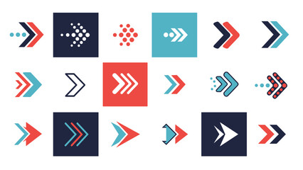 Diverse collection of colorful arrow icons in different styles and shapes for navigation and directional design purposes.