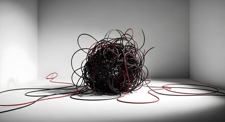 Tangled mess of electrical wires evokes feelings of frustration and confusion.