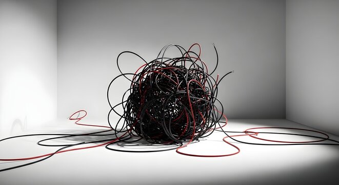 Tangled mess of electrical wires evokes feelings of frustration and confusion.