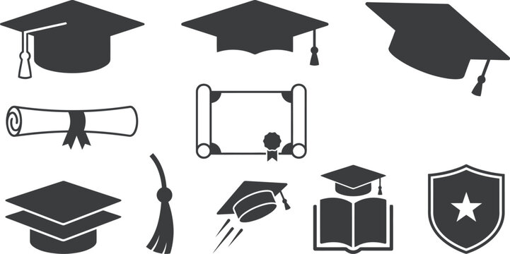 Minimalist graduation flat vector elements with 10 charcoal grey white mortarboard front side tilted cap diploma ribbon scroll stack tassel tossing book shield star academic