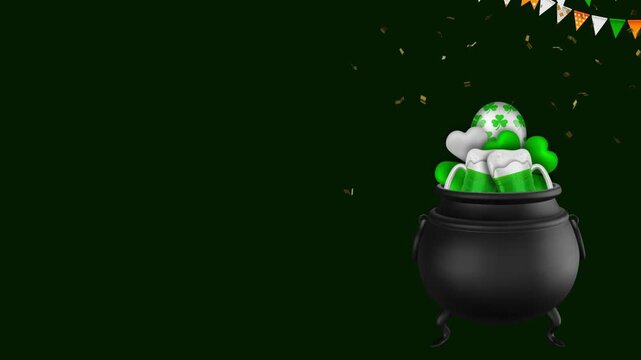 st patrick's day animated background with party balloons coming out of a pot, confetti and pennants