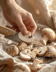 Sliced Mushrooms Being Prepared with Knife for Cooking Healthy Vegan Dish