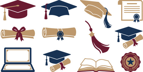 Graduation themed flat vector elements with 10 burgundy navy tan traditional cap side tilted tassel diploma ribbon seal certificate case scroll book medallion academic
