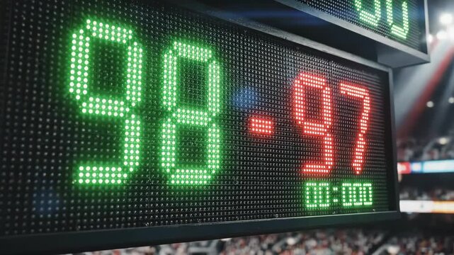 Basketball Game Scoreboard Displaying Scores and Time Remaining in the Match.
