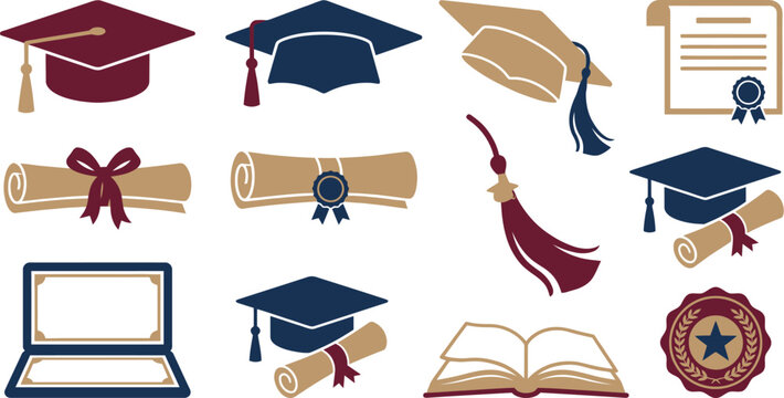 Graduation themed flat vector elements with 10 burgundy navy tan traditional cap side tilted tassel diploma ribbon seal certificate case scroll book medallion academic
