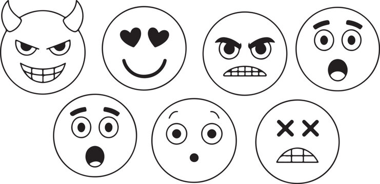 A collection of seven black and white outline emoji faces showing different human emotions