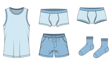 Collection of men's undergarments including a light blue tank top, boxers, briefs, shorts, and matching socks on a white background.