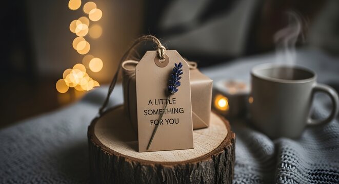 A small gift box with a tag that says 'a little something for you' sits next to a steaming mug of coffee