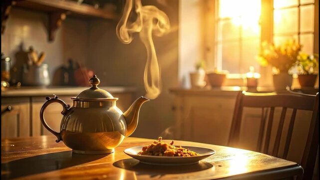Cozy Kitchen Scene with Steaming Teapot and Delicious Treats.