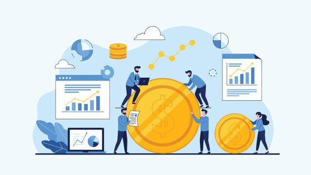 Group of business people work together to manage finances and investments around large gold dollar coins and data charts.
