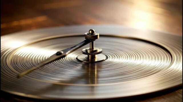 Close-up of a spinning vinyl record on a turntable.