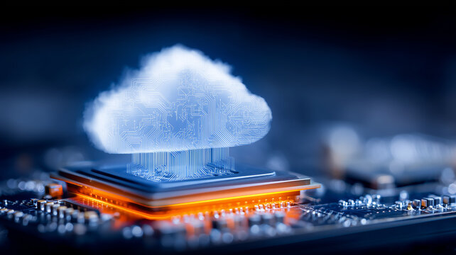 Circuit cloud icon emerging from processor representing cloud computing infrastructure and digital services concept.
