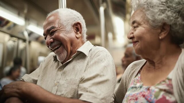 Smiling senior Brazilian couple riding subway together. Loving, mature pair enjoying commute. Happy retirement lifestyle, travel, companionship. Authentic moments, urban scene, connection.