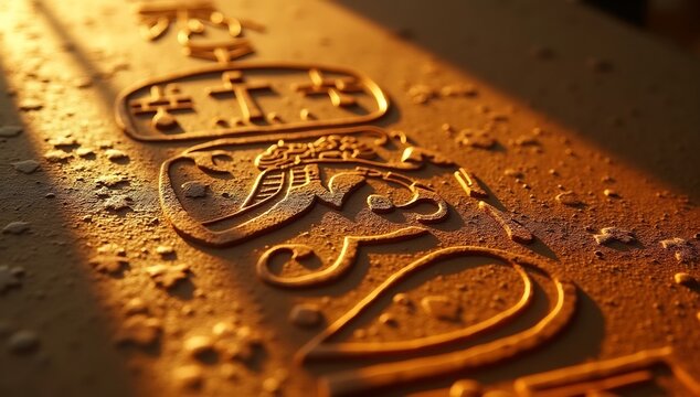 Close-up of ancient Egyptian hieroglyphs embossed on a golden surface.