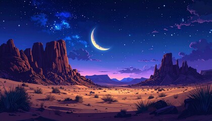Desert landscape with full moon and starry night sky digital art fantasy illustration