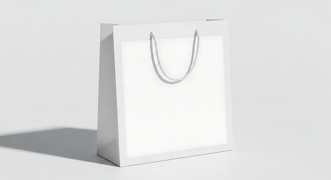 Isolated 3d illustration of a blank white paper shopping bag with handles on a white background, serving as an empty retail package container for store merchandise, gift sales, or market design