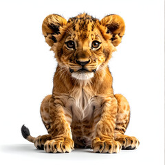 Obraz premium Lion Cub Portrait: This striking image presents a captivating lion cub, showcasing its innocent gaze and endearing features. Captured in a studio setting.