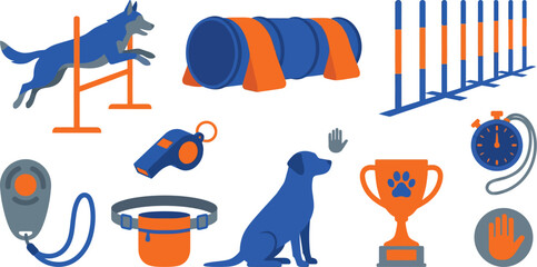 Pet training agility icons with 10 royal blue safety orange slate grey dog jumping hurdle agility tunnel weave poles handheld clicker training whistle treat pouch belt sitting stay trophy cup paw © Madhuka Disanayaka