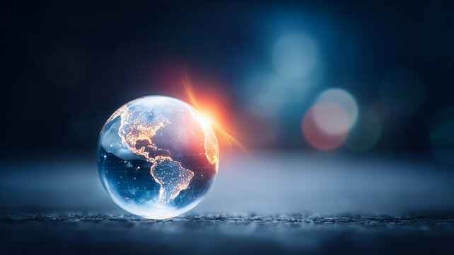 Glass globe of planet Earth symbolizing global connectivity, international business, world economy and future technology networks.
