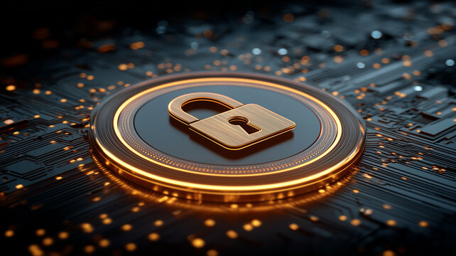 Digital padlock on a circuit board, representing data encryption, privacy and secure access.
