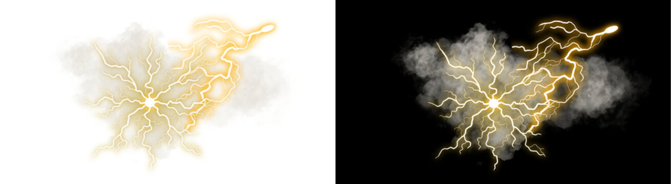 A PNG image of&nbsp;Intense bright yellow electrical lightning strike effect surrounded by wispy grey smoke energy burst compilation on transparent background