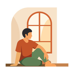 Fototapeta premium Minimalist Vector Illustration of a Young Man Sitting Comfortably by a Window, Relaxing at Home in a Modern Flat Style 