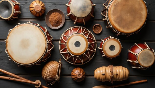 Collection of Various Indian Drums and Percussion Instruments Laid Out on a Dark Wooden Surface.