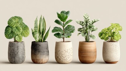 Fototapeta premium Various indoor plants in decorative ceramic pots on a neutral light background.