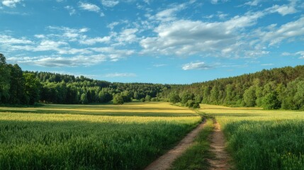 Scenic rural landscape with a dirt road leading through green wheat fields to a lush forest under a blue cloudy sky
