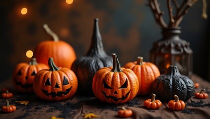 Fototapeta premium Spooky Halloween Pumpkins Carved with Scary Faces and Festive Lights.