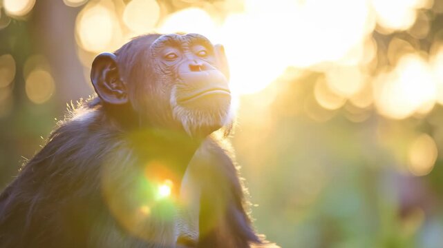 Chimpanzee in the sunlight, looking up, thoughtful expression, nature background.