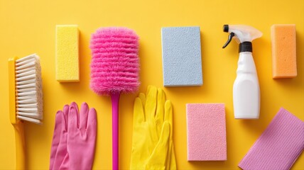 Naklejka premium Colorful Cleaning Supplies Arranged on Bright Yellow Backdrop, Promoting Freshness, Hygiene, and Effective Cleaning Solutions