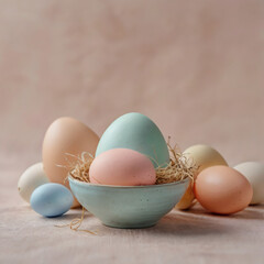 Colorful pastel Easter eggs in a nest on a light background, spring holiday concept